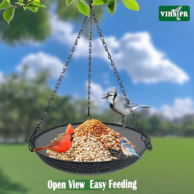 Hanging Bird Feeder for Outdoors – 12 in Platform Bird Feeder, Metal Mesh Seed Tray for Wild Birds, Black