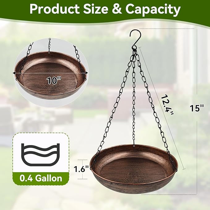 Hanging Bird Bath for Outside, 10" Metal Bird Bath Bowl with Chains & Hook Outdoor Hanging Birdbath for Tree, Gazebo, Patio, Balcony, Gift for Bird Lovers