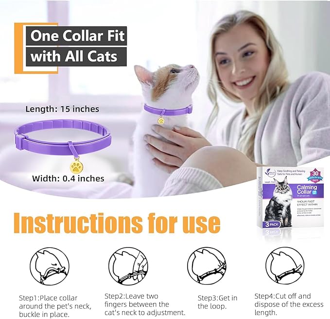 6 Pcs Calming Collar for Cats Adjustable Pheromones Relaxing 180-day Lasting Effect Cat Calming Collar with 2 Gold Pendant for Reduces Stress Anxiety, up to 15 Inches(Purple, Black)
