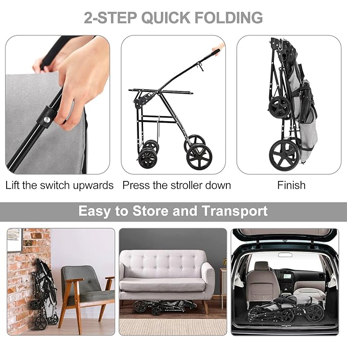 Double Pet Stroller for Dogs and Cats with 2 Detachable Carrier, Quick-Folding Dog Stroller for Medium Small Dogs Cats, 4 Wheels, Light Gray