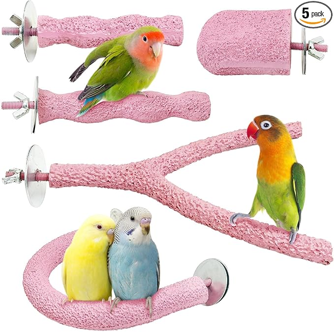 PINVNBY 5 Pack Bird Perch Resin Bird Beak Grinding Stone Parrot Cage Stand Platform Foot Claws Trimmer Chew Toy Cage Accessories for Budgie Cockatiel Conure Lovebird Finch (Pink)