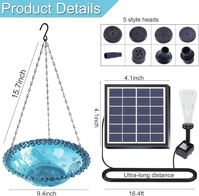 Solar Bird Bath Hanging with Fountain for Outdoors 15.7 Inch Metal Chains, Weather-Resistant Hanging Wildbird Feeder & Bath Tray for Garden, Patio