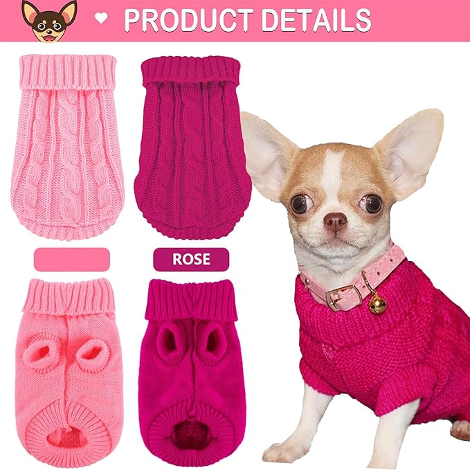 Chihuahua Yorkie Sweater, 2 Pieces Dog Sweaters for Small Dogs, Turtleneck Knitted Dog Clothes for Small Dogs, Winter Warm Pullover Sweaters, Pet Cat Sweater Cold Weather Puppy Clothes Outfits XS