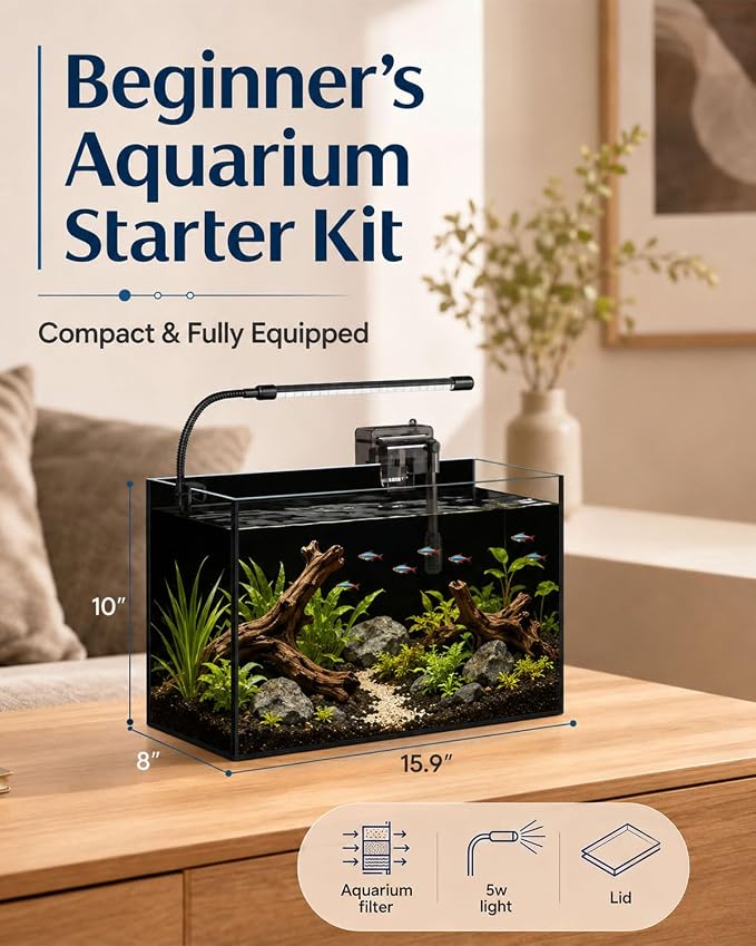5 Gallon Glass Aquarium Starter Kit, Rimless Fish Tank | Complete Aquarium Kit with Adjustable LED Light, Filter, Lid & Mat for Betta Shrimp & Plants, Easy Setup and Maintenance