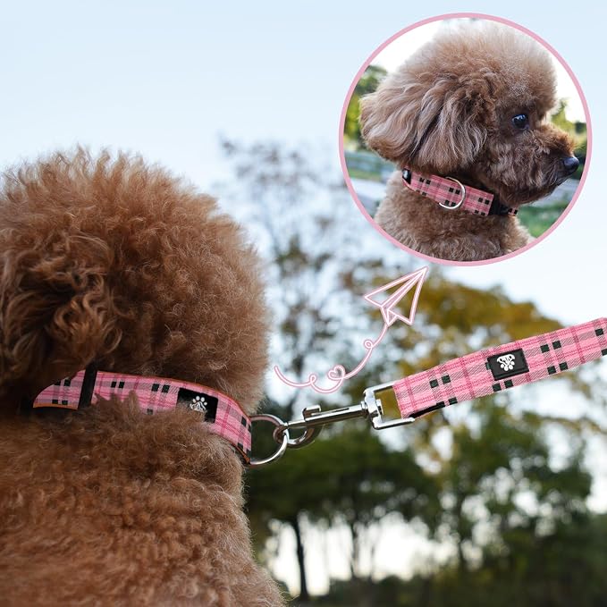 NESTROAD Dog Collar and Leash Set,Soft Neoprene Pet Collar with Quick Release Buckle,Adjustable Nylon Dog Collars for Small Medium Large Dogs(Large,Cherecked Pink)