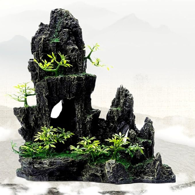 Saim Large Aquarium Mountain View Stone 11.02" Tall Resin Cave Ornament – Betta Hideout with Artificial Plants, for Cichlids Goldfish, Multi-Cave Aquascape Fish Tank Accessories