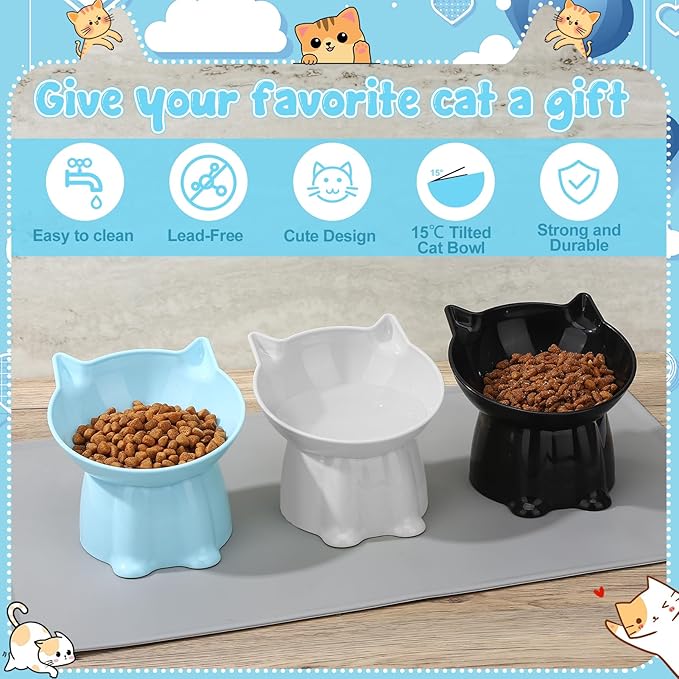 3 Pcs Elevated Cat Bowls 15°Raised Cat Food Bowl with Silicone Mat Whisker Friendly Anti Vomiting Cats Dishes Pet Food and Water Bowls for Indoor Cats Kittens, Blue, Black, White