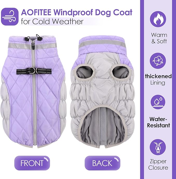 AOFITEE Dog Coat, Warm Dog Winter Coat, Reflective Cold Weather Dogs Puffer Jacket with Harness Built in, Waterproof Pet Fleece Vest Snowsuit for Small Medium Large Dogs, Lilac L