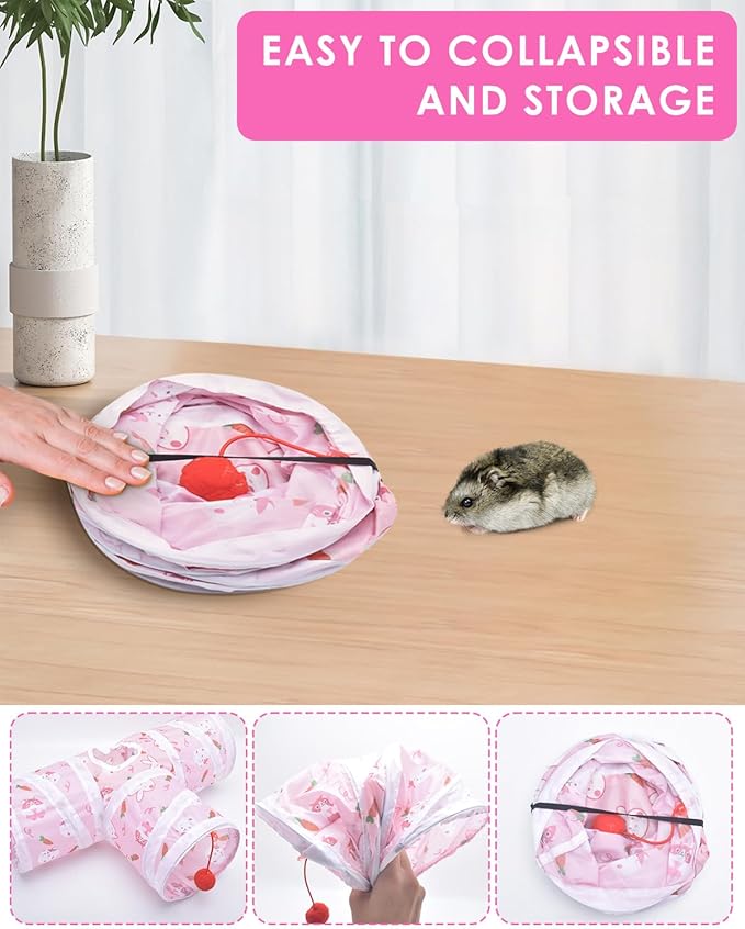 Bissap Guinea Pig Tunnel, Collapsible Hamster Tunnel and Tube 3 Ways Pet Hideout with 1 Play Ball for Indoor Guinea Pig Chinchilla Hamster Rat Small Animal Activity Fun Toys (Pink)
