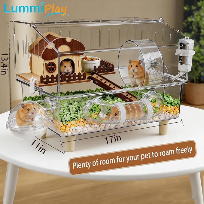 8 in 1 Acrylic Hamster Cage with all accessories,2-Layer Hamster House with full transparent Viewing,Top Open Mouse Cage for Pet Mice,large Hamster Habitat for Dwarf Hamster,Gerbils; 18"x11"x13.4"