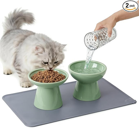 CEEFU 2 Elevated Ceramic Cat Bowls Upgraded with Food Mat, Extra Wide for Food & Water – Whisker Fatigue Shallow Food Dish, Lead & Cadmium-Free, Raised Height for Cats, Sage Green