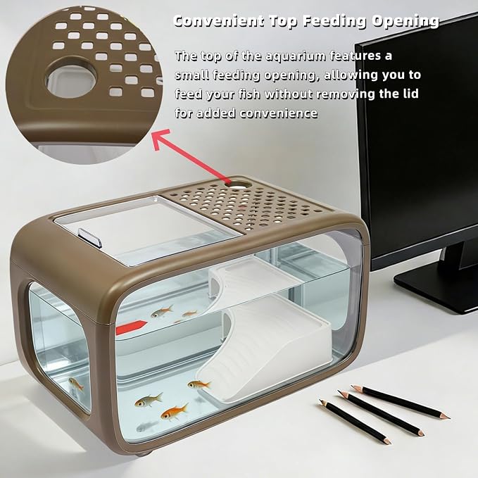 Desktop Fish Tank, 3.2 Gallon Fish Aquarium Kit with Top Feeding Hole, High-Clarity Fish Bowl for Aquatic Animals Shrimp Guppy Goldfish Turtle, 15.7" L x 8.9" W x 10" H (Brown)