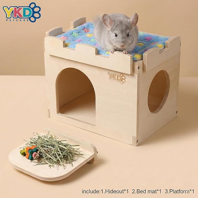 Castle Chinchilla House, Small Animal Hideout for Chinchilla, Guinea Pig, Hedgehog, or Rat, Ventilated Wooden Hamster Habitat with Multiple Doors, Made from Natural Wood