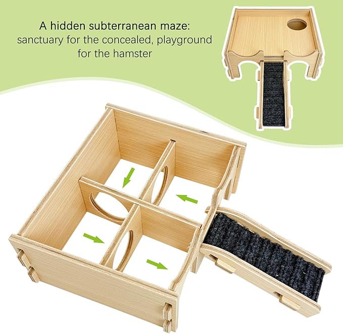 BNOSDM Wooden Hamster Hideout Syrian Hamsters Multi-Room Hideouts & Tunnel Exploring Toys Gerbils Wood House with Ladder for Dwarf Mouse Mice Rat and Other Small Animals