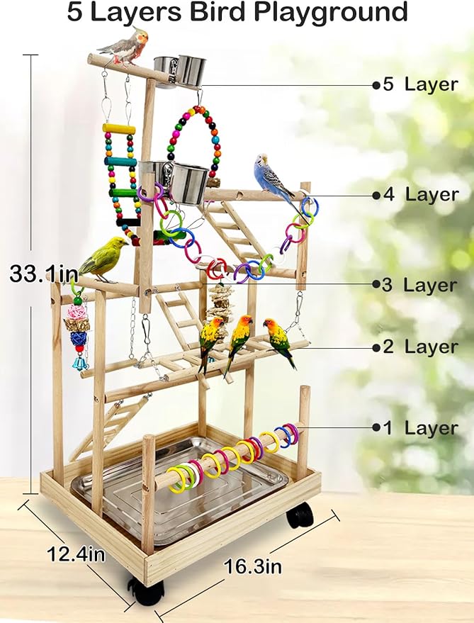 5 Layers Large Bird Playstand with Wheel, Natural Wood Parrot Playground, Parakeet Perch Stand Small Bird Playgym with Ladder Toy Accessories for Cockatiel Cockatoo Finch Budgie Lovebird