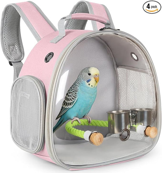 Small Bird Travel Backpack Carrier Cage with Cups, Backpack to Transport Backpack Carrier with Clamp Cups Stand Perch for Parakeet Cockatiel Budgies Vet Carry Book Bag Pink