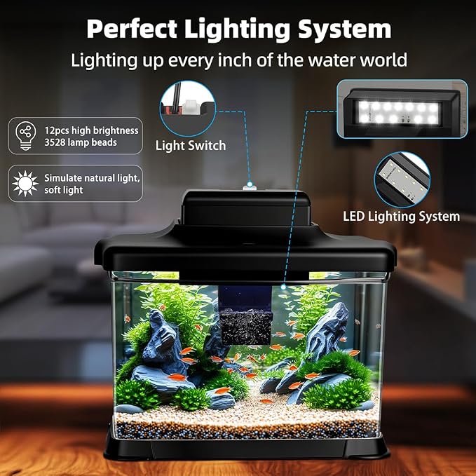 DaToo Small Fish Tank Ultra-Clear 1.6 Gallon Aquarium Starter Kits with LED Lighting and Filter System Beginner-Friendly Mini Betta Aquarium for Small Fish Shrimp Desktop Room Decoration