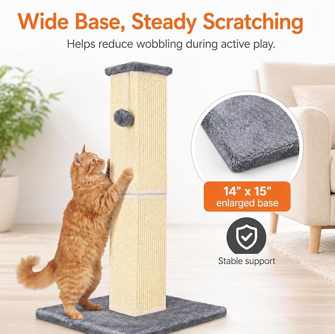 32" Tall Cat Scratching Post for Large Indoor Cats & Kittens, Cat Scratcher with Extra Large Stable Base and Natural Sisal, Sturdy Cat Scratch Post to Protect Furniture & Couch, Grey