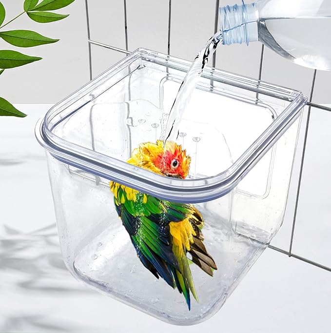 PINVNBY 2 in 1 Bird Bath for Cage,No Mess Parrot Bath Feeder with Hooks Hanging Parakeet Caged Bathing Tubs Multifunction Cube Budgie Shower Box for Canary Cockatiel Lovebird