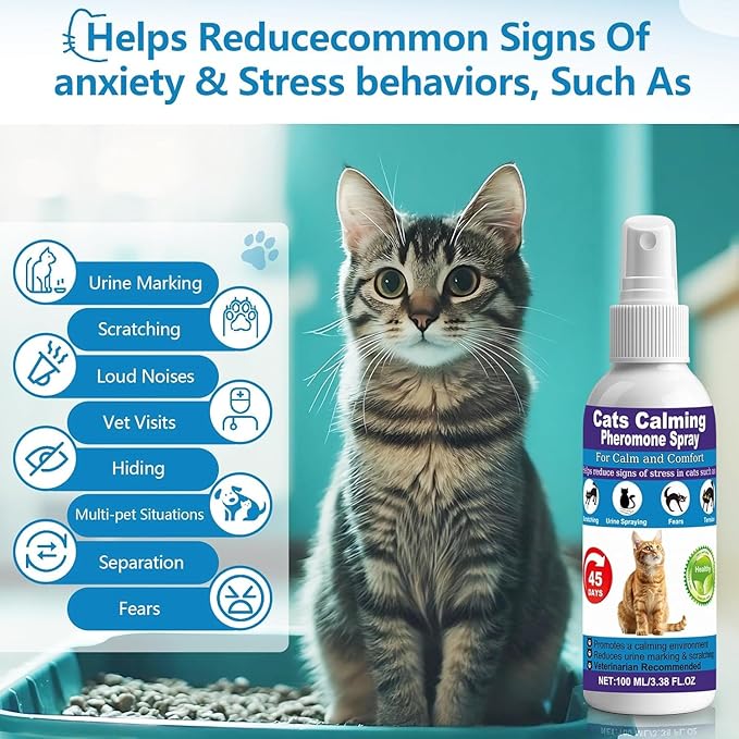 Cat Calming Pheromone Spray for Stress & Anxiety Relief – Reduces Scratching, Urine Spraying, Hiding – Drug-Free & Vet Recommended – Feline Calm Spray with F3 Facial Pheromone 2 * 100mL 8.5oz