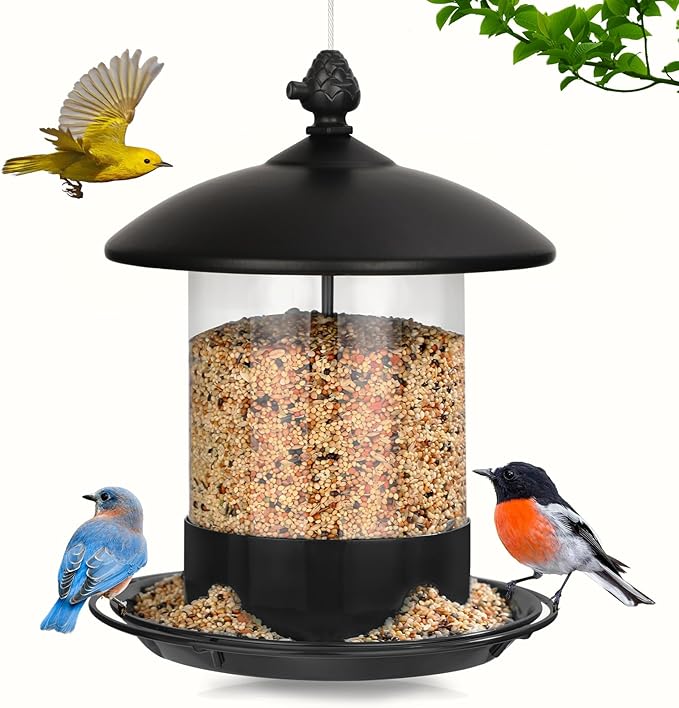 Gbekery Metal Bird Feeders for Outdoors Hanging, Weather Resistant Wild Bird Feeder with 360 Degree Feeding Tray, Black
