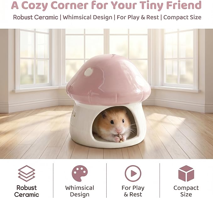 Ceramic Hamster House Small Animal Hideout Outdoor Cartoon Multipurpose Hamster Hide Bed Mushroom Shaped for Rats Chipmunk, Pink