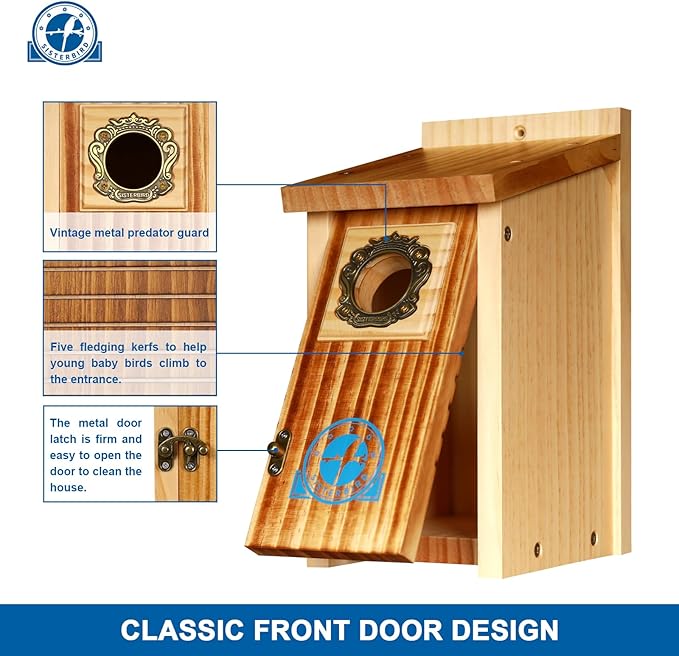 SISTERBIRD Preminum Bluebird Houses for Outside, Wooden Bluebird House, Birdhouses for Outdoors Courtyard, Festival Bird Nesting, Assembly Bird Box, Bluebird Finch Swallow Wren Chickadee