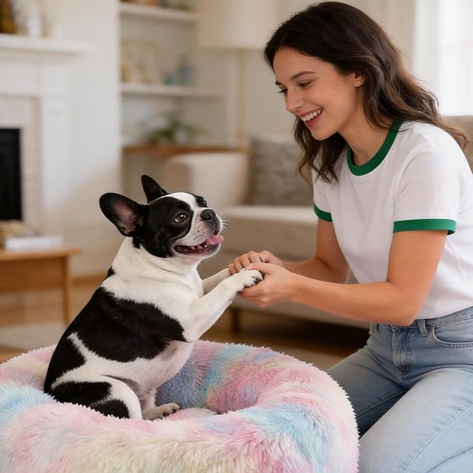 Dog Calming Beds for Small Medium Large Dogs - Round Donut Washable Puppy Dog Bed, Anti-Slip Faux Fur Fluffy Donut Cuddle Anxiety Cat Pet Bed(24'' Color)