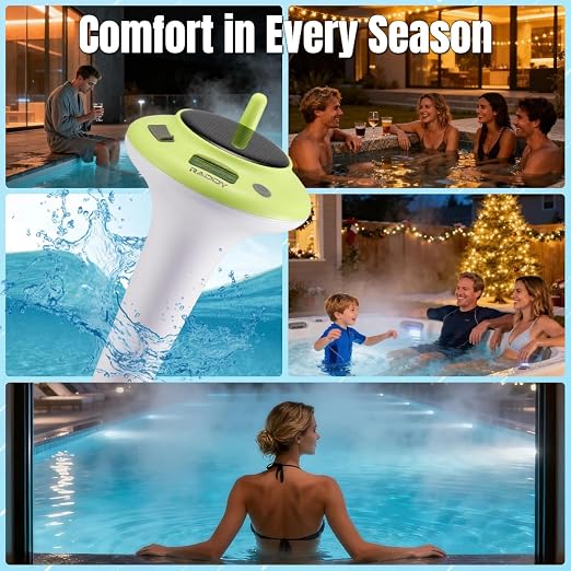 Raddy PT-5 Solar Floating Pool Thermometer, Waterproof TN Display | Solar & battery powered, digital display, for swimming pools, hot tubs, ponds, spas