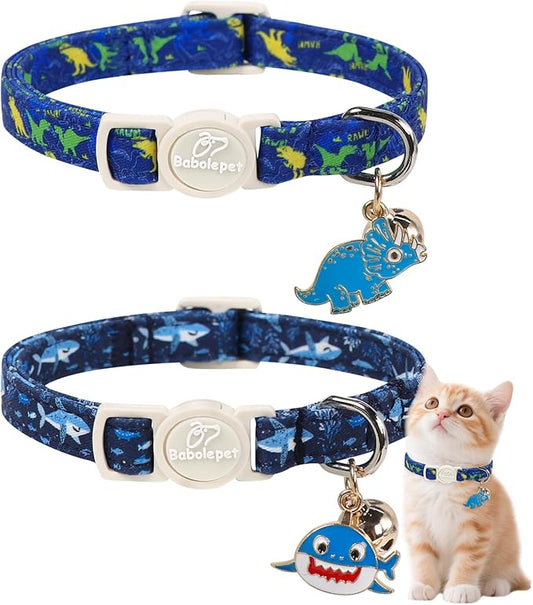 2 Pack Boy Cat Collars - Blue Shark & Dinosaur Breakaway Safety Cat Collars, Adjustable Soft Boy Kitten Collar for Small Dogs Puppy, Cute Pet Collar with Bell & Pendant