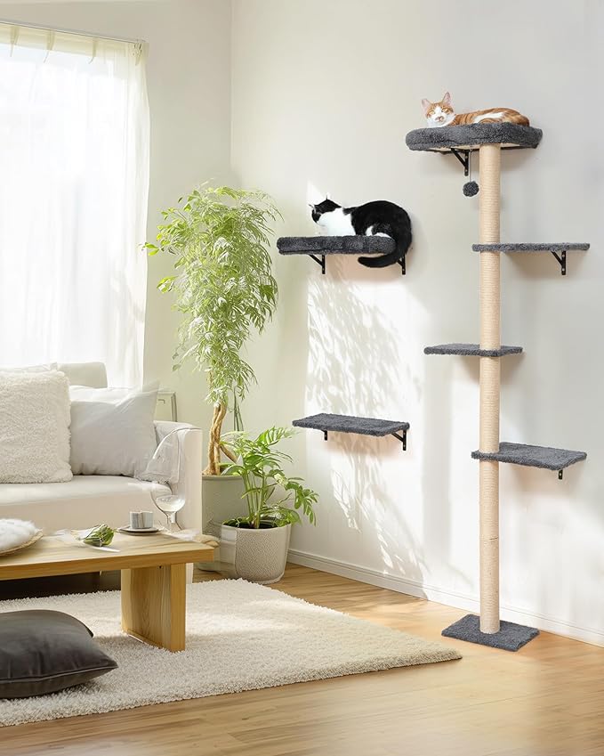 FUKUMARU Cat Wall Shelves Set, 70 Inch Stable Wall Mounted Tree, Kitten Scratching Post with Soft Cushion Perch, Space Saving Climbing Wall Furniture for 16 Inch Drywall - Gray