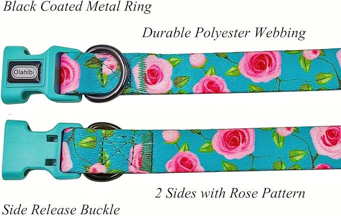 Dog Collar and Leash Set, Rose Pattern, Polyester Material, 5ft Matching Leash, for Small Puppy Dogs.(XS, Green Rose Set)