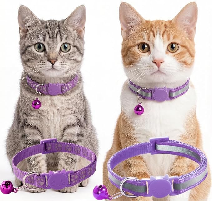 Purple Reflective Cat Collar with Bells, [2 Pack] Break Away Kitten Collar with Bells, Breakaway Cat Collar for Boy Cats Kitty