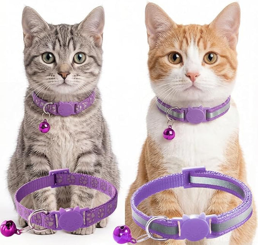 Purple Reflective Cat Collar with Bells, [2 Pack] Break Away Kitten Collar with Bells, Breakaway Cat Collar for Boy Cats Kitty