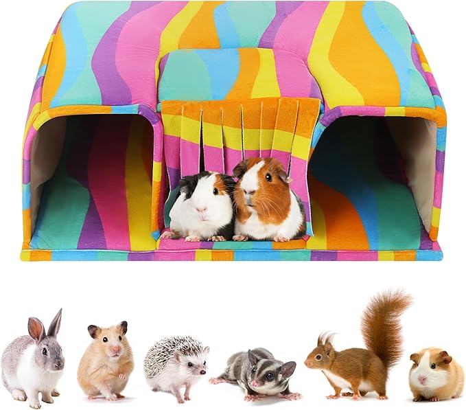 Guinea Pig Hideout with Tunnels, Toys & Cozy House - Soft Large Bed for Small Pets - Rainbow