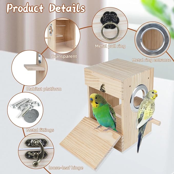Parakeet Nesting Box Transparent Design, Natural Wood Bird Nest Breeding Box with Perch, Acrylic Bird House for Cage Bird Nesting Box for Small Cockatiel Lovebirds Finch Parrot Canary S