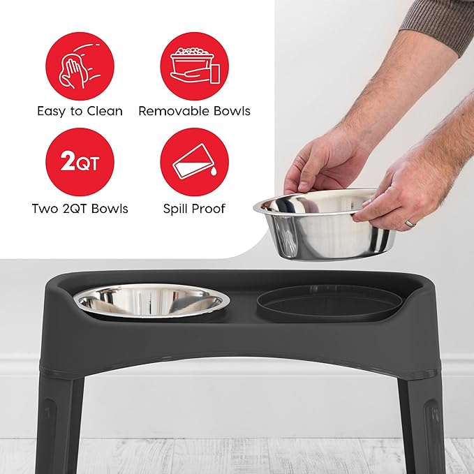 IRIS USA Elevated Dog Bowls Adjustable Stand, Raised Feeding Station with 2 Stainless Steel 64 oz Bowls, Spill Guard, Dual Height 12.25" or 4.63", Made in USA, Black