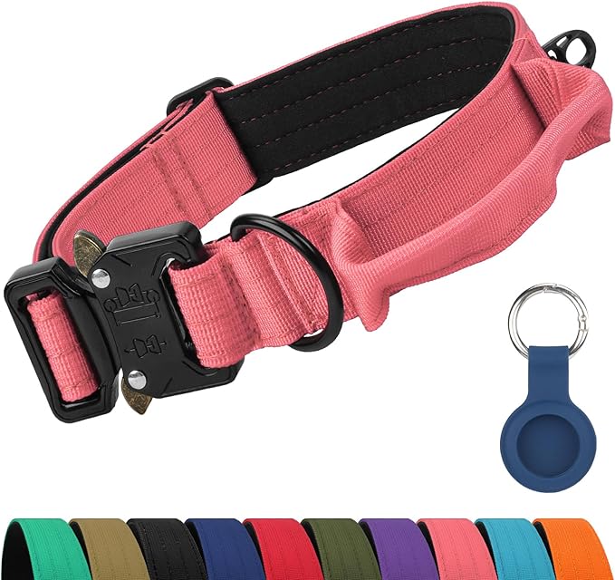 Joytale Tactical Dog Collar for X-Large Dogs with Control Handle, Heavy Duty Military Training Collar for Power Breeds, AirTag Holder Case, Quick Release Metal Buckle, Soft Padded, XL, Pink