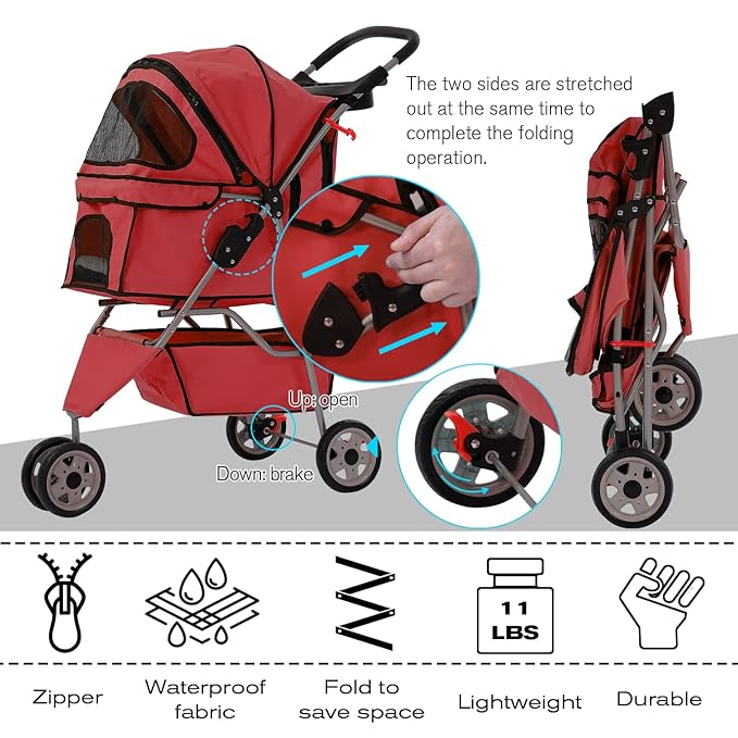 HCY Folding Dog Stroller, 3 Wheels Cat Strollers Pet Gear for Small Medium Cats Dogs Puppy with Storage Basket, Cup Holder,Lightweight-Red, 35.04 inch x17.32 inch x38.58 inch