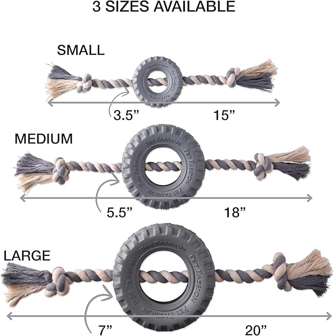 Pet Passion Natural Rubber Tire and Organic Cotton Rope Pull and Chew Dog Toy for All Pet Breeds, Gray, Large