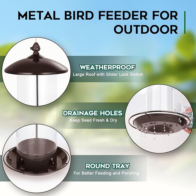 Gbekery Metal Bird Feeders for Outdoors Hanging, Weather Resistant Wild Bird Feeder with 360 Degree Feeding Tray, Brown