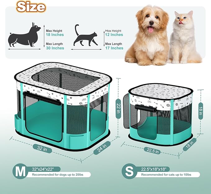 Portable Cat Playpen, 8-Rod Reinforced Kitten Dog Playpens, Foldable Play Pen for Indoor Cats Enclosed Pet Puppy Doggy Outdoor, Collapsible Tent Kennel Cage House(32"x24"x22")