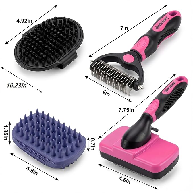 PETIMP STORE 4PCS Self Cleaning Slicker Brush, Pet Grooming Rake, Bath Brush & Massage Brush for Short/Long Haired Dogs, Cats & Horses, Pet Grooming Deshedding Tools - Pet Supplies (Pink Black)