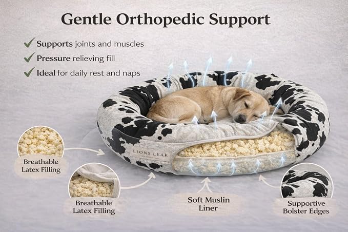 Round Dog Bed – Natural Canvas, Removable Washable Cover, Raw Cotton or Latex Fill, Hypoallergenic Non-Toxic, Made in USA (Cow Print Black White, Small, Soft Comfort – Organic Latex)