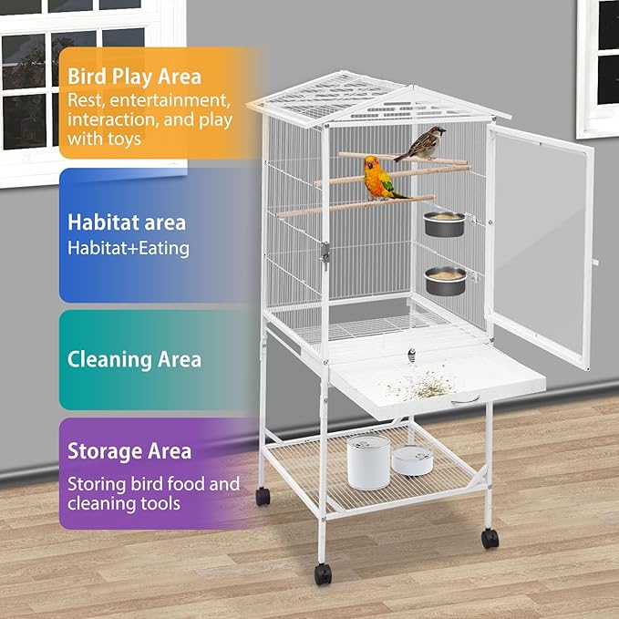 49" H Large Bird Cage with Wheels, Iron Bird Cage with Pull-Out Tray Rolling Stand Clear Acrylic Door Bird Flight Cage with Stand Bars and Feeding Bowls for Small and Medium-Sized Parrots