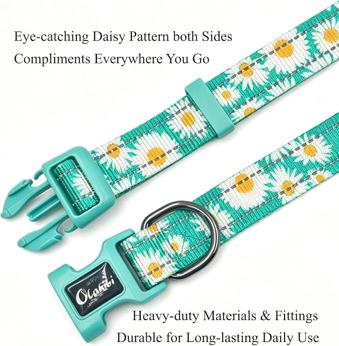 Dog Collar Leash Set, Floral Pattern, with Safety Reflective Strips, 5 ft Matching Leash, Neoprene Padded Handle, Adjustable 4 Sizes for Small Medium Large Dogs.(L, Green Daisy)