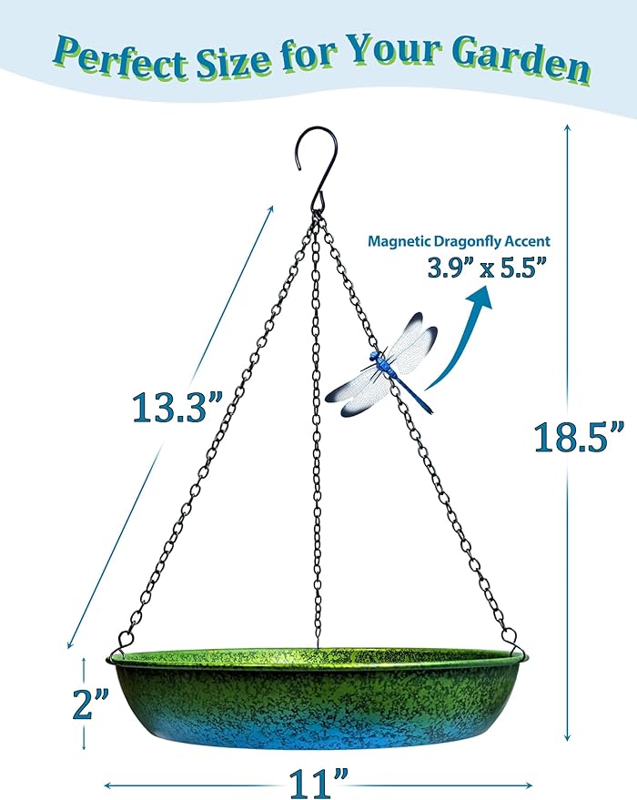 Hanging Bird Bath for Outside Metal Hanging Bird Feeder Window Birds Feeder Hand-Painted Blue and Green Gradient 11 in for Birds to Seed Bathe and Drink for Back Yard, Deck,Patio Garden Decoration