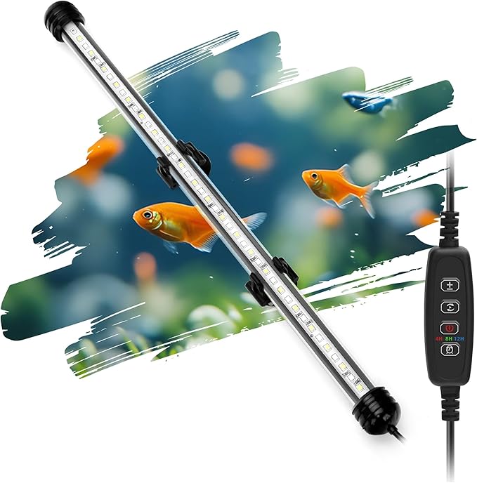 LED Submersible Aquarium Light 8W Underwater Fish Tank Light with Blue White&Blue and White Three Light Modes Timer Automatic On/Off and Dimmer Brightness Adjustable (15inch)