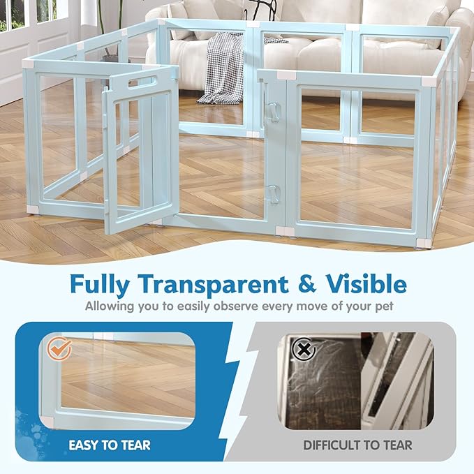 DIY Clear Acrylic Dog Playpen Indoor, Transparent Easy Cleansing Puppy Fence with Suction Cup, Easy-Assemble Indoor Whelping Crate for Small Puppies (23.6" H, 12PCS), Blue