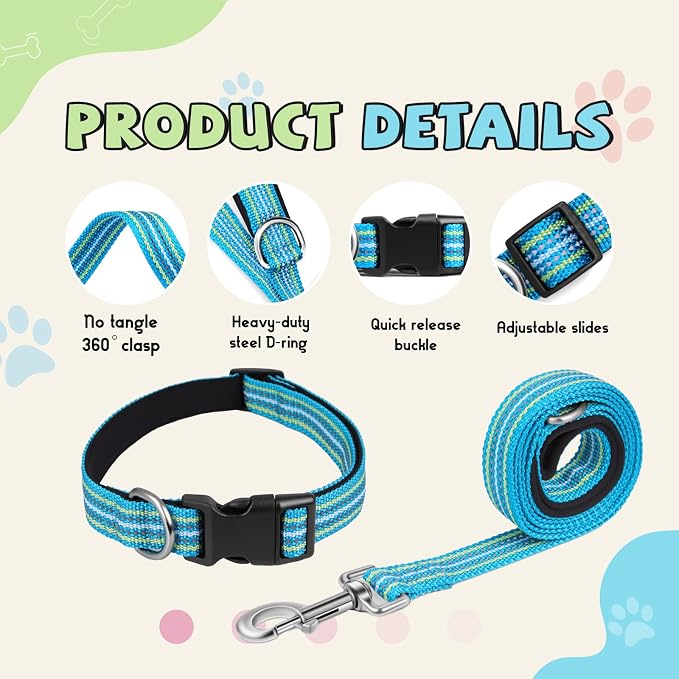 Reflective Dog Collar and Leash Set, Nylon Dog Leash with Heavy-Duty Steel D-Ring, Adjustable with Quick Release Buckle for Small Dogs,Cyan S